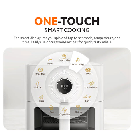 Air fryer with smart dial and preset cooking icons for one-touch control.