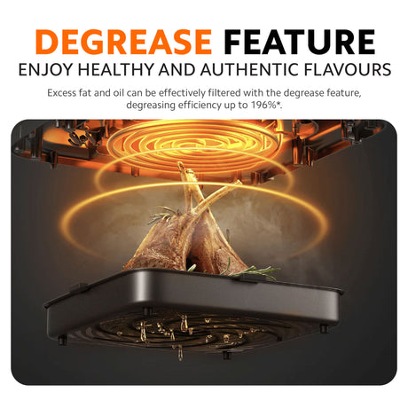 Air fryer cooking chamber with rotating airflow heating basket and whole chicken inside