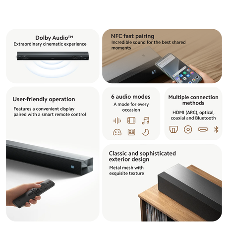 Black soundbar with remote and feature icons (Dolby, NFC, audio modes, connections)