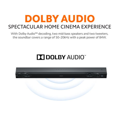 Xiaomi Soundbar 2.0ch, front view with speaker drivers and Dolby Audio logo