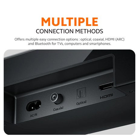 Soundbar rear ports on black housing: Optical, coaxial, HDMI, AC-IN