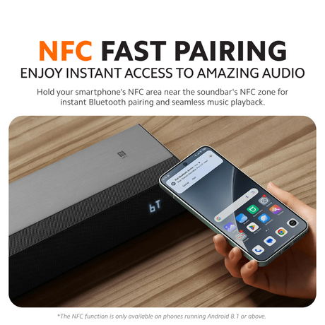 Soundbar with NFC fast pairing; smartphone held near NFC zone