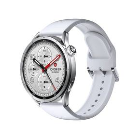 Silver 46mm smartwatch with round display and light gray silicone strap