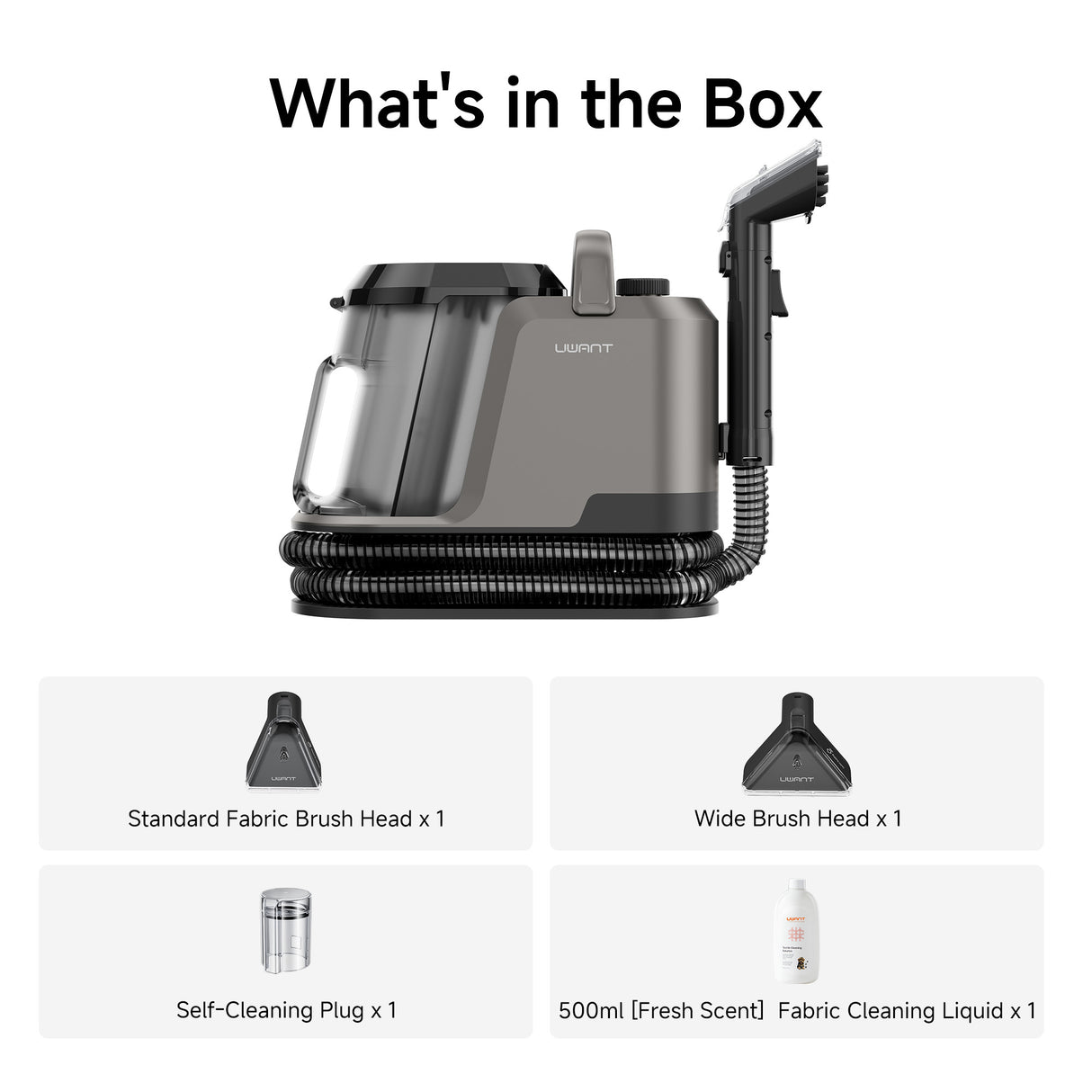 UWANT Y100 box contents: steam cleaner, standard & wide brush heads, self-clean plug