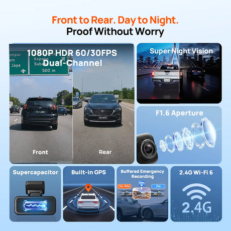 Dual-channel dashcam infographic showing front and rear recording features