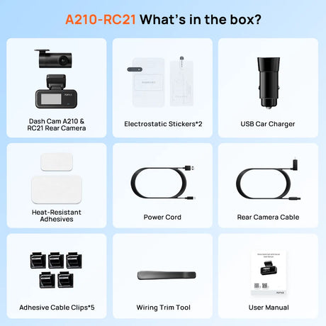 Dashcam box contents: front camera, rear camera, USB charger, cables and adhesives