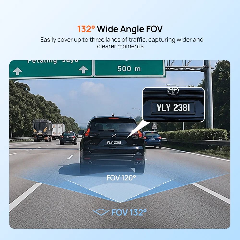 Dashcam wide-angle view diagram with FOV markings and vehicle license overlay