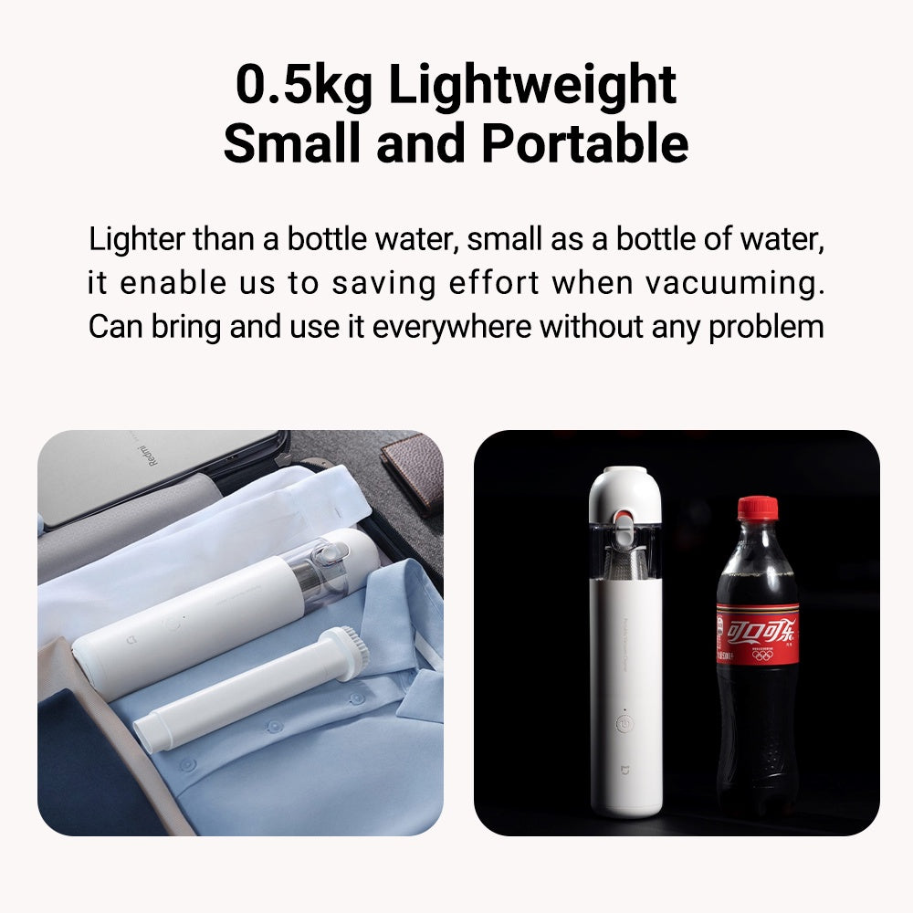 White portable mini vacuum cleaner shown with compact handheld body.