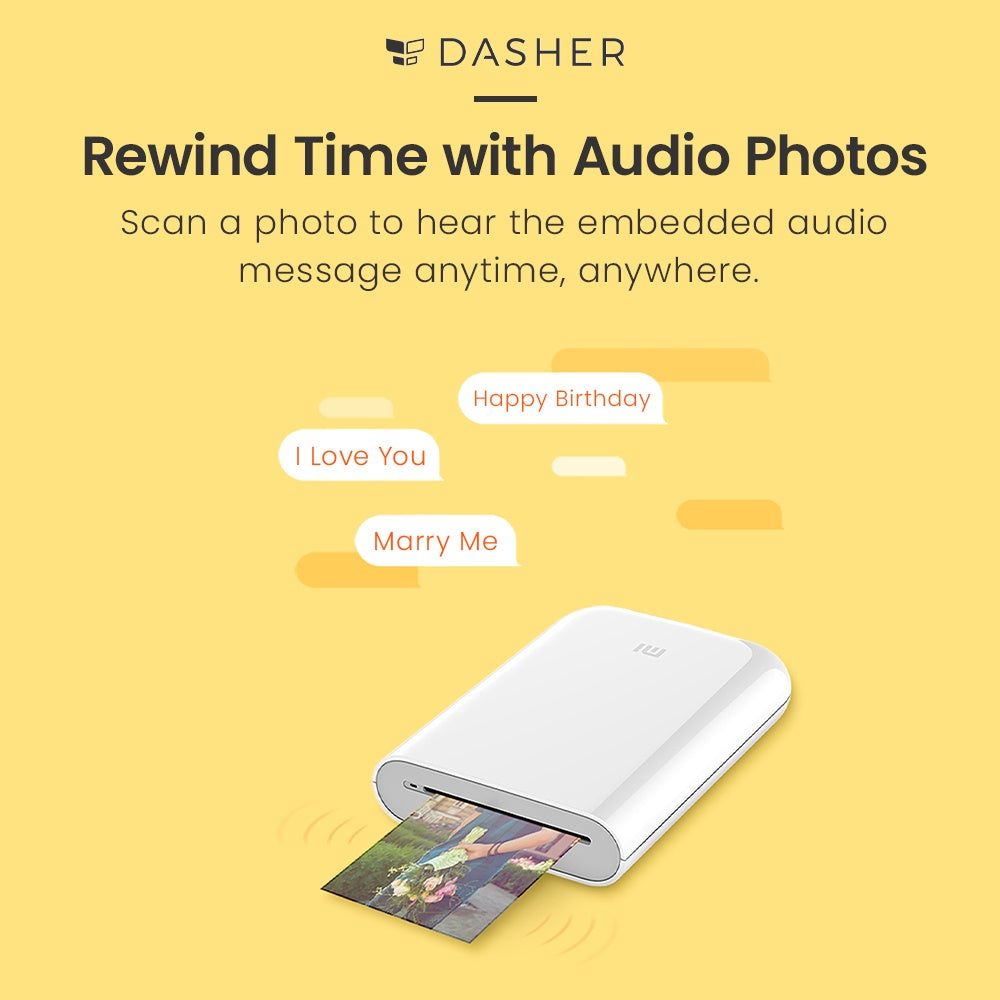 White pocket photo printer with a printed photo strip