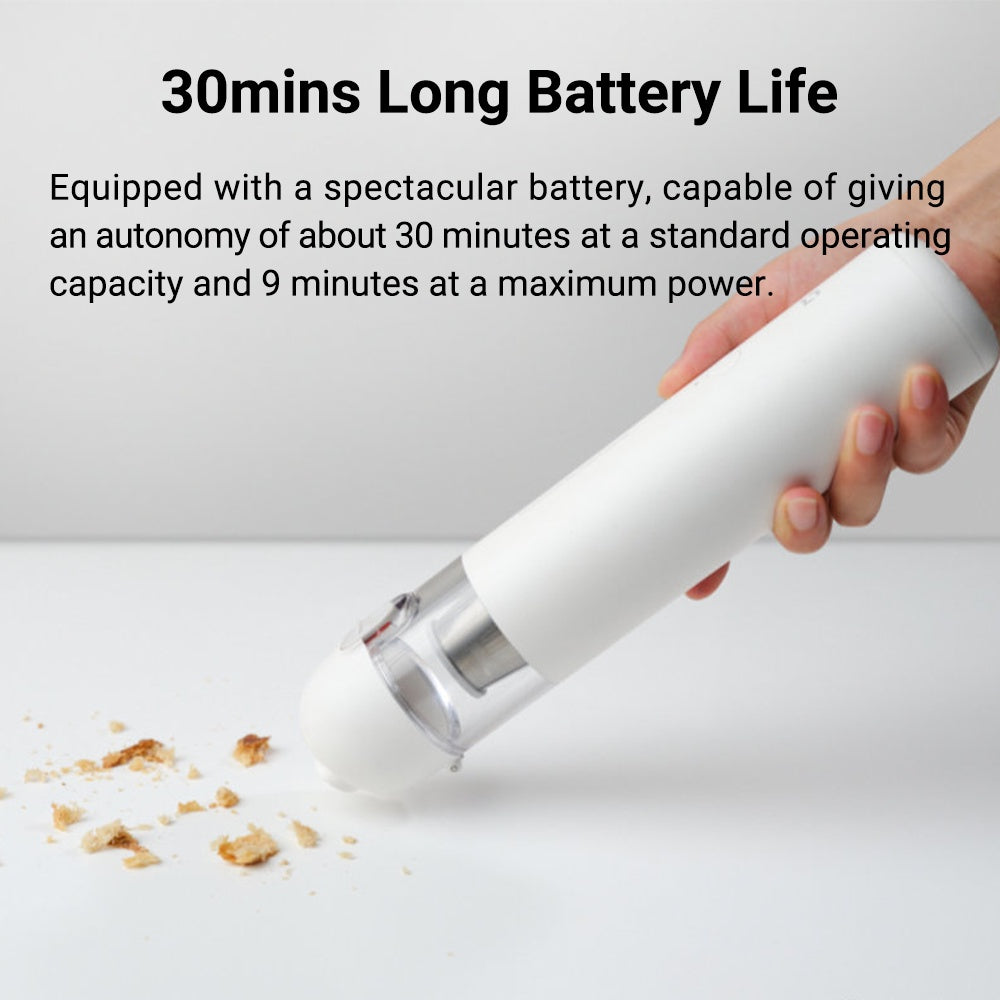 Handheld white mini vacuum cleaner ejecting debris from the clear dust chamber.