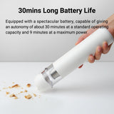 Handheld white mini vacuum cleaner ejecting debris from the clear dust chamber.