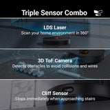 Robot vacuum infographic with triple-sensor combo, 3D ToF camera, and cliff sensor