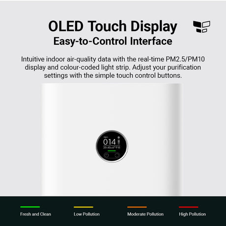 White air purifier with OLED touch display on top, centered control screen