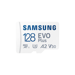 Samsung EVO Plus microSD 128GB, I3 A2 V30, card label.