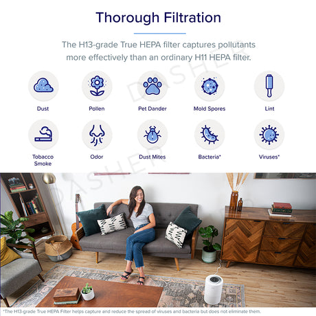 Levoit air purifier in a living room scene with thorough filtration icons and particles shown.