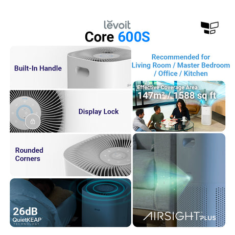 White Levoit Core 600S air purifier with built-in handle and display lock callouts.