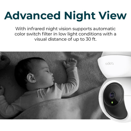 Night view infographic with baby scene and pan-tilt Wi-Fi security camera
