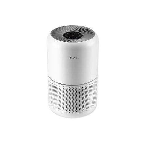 White air purifier with circular top vents and control panel