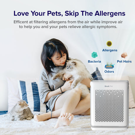 Levoit pet air purifier with front intake grille, shown for allergy relief with pets.