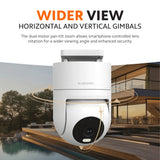 Outdoor security camera with dual-axis gimbal, white housing, front view on mount