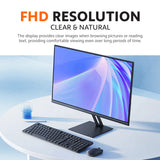 Thin black desktop monitor angled view with keyboard and mouse on desk