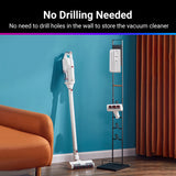 Vacuum cleaner stand with no-drill charging dock and vertical storage frame