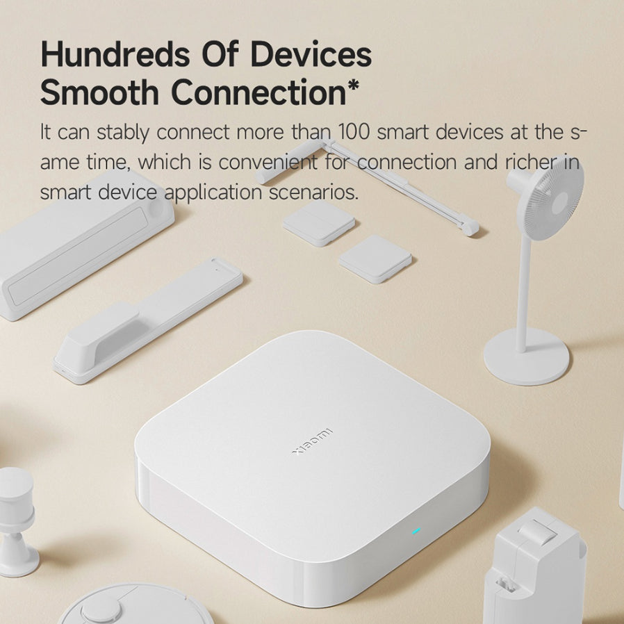 White smart home hub on table with blue status light