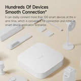 White smart home hub on table with blue status light