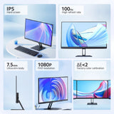 Desktop monitor with thin profile and adjustable base; front view and side-view panels