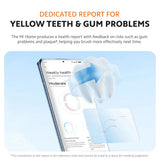 Electric toothbrush beside phone health report display for yellow teeth and gum