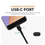 Black braided USB-C charging cable with metal USB-C tip and protective sleeve