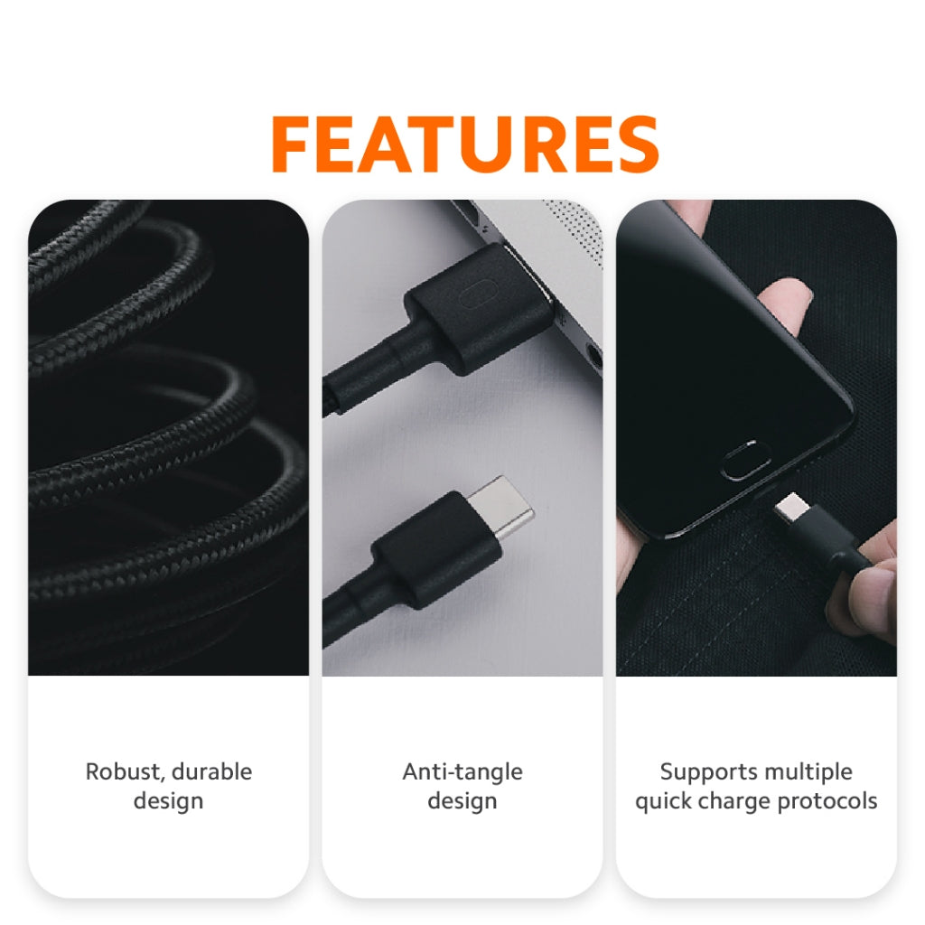 Braided USB-C charging cable with reinforced connectors and protective sleeve