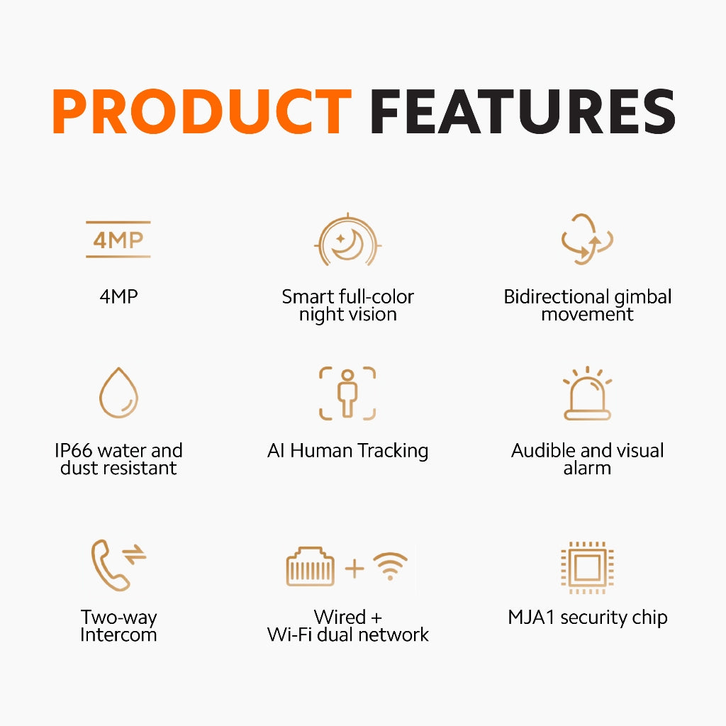 Outdoor security camera feature graphic showing 4MP, night vision, gimbal, IP66 icons