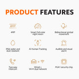 Outdoor security camera feature graphic showing 4MP, night vision, gimbal, IP66 icons