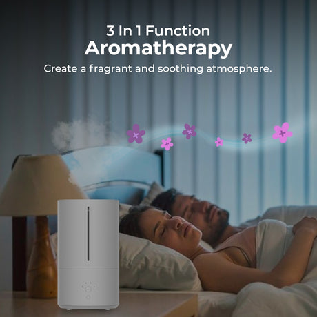 White compact humidifier with vertical blue indicator and mist outlet, front view.