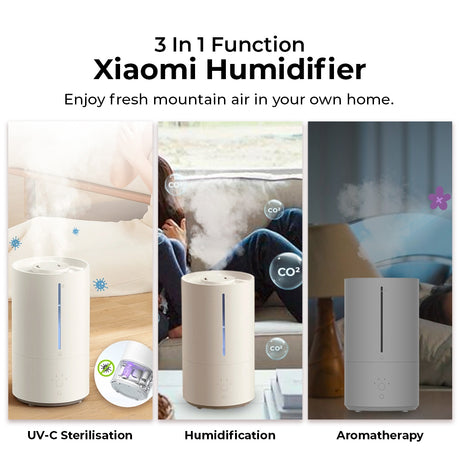 White tower humidifier with vertical blue display strip in a front-facing view.