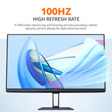 Desktop LCD monitor on a minimal stand showing a dynamic blue abstract wallpaper