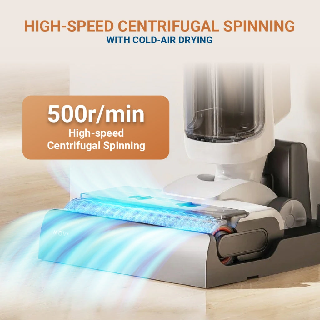 Wet and dry vacuum cleaner with spinning roller brush and airflow drying feature.