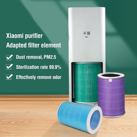 Air purifier filter set: green, purple, and blue cylindrical filter elements