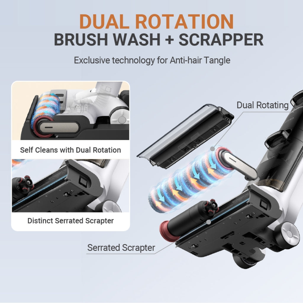 Wet and dry vacuum cleaner with dual-rotation brush wash and serrated scraper.