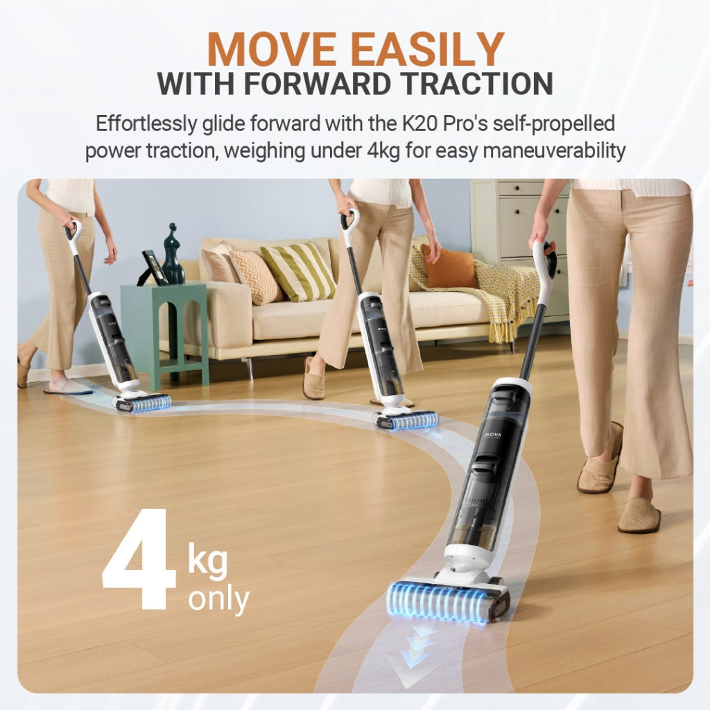 Moveable wet and dry stick vacuum cleaner on floor with self-propelled brush head.