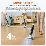 Moveable wet and dry stick vacuum cleaner on floor with self-propelled brush head.
