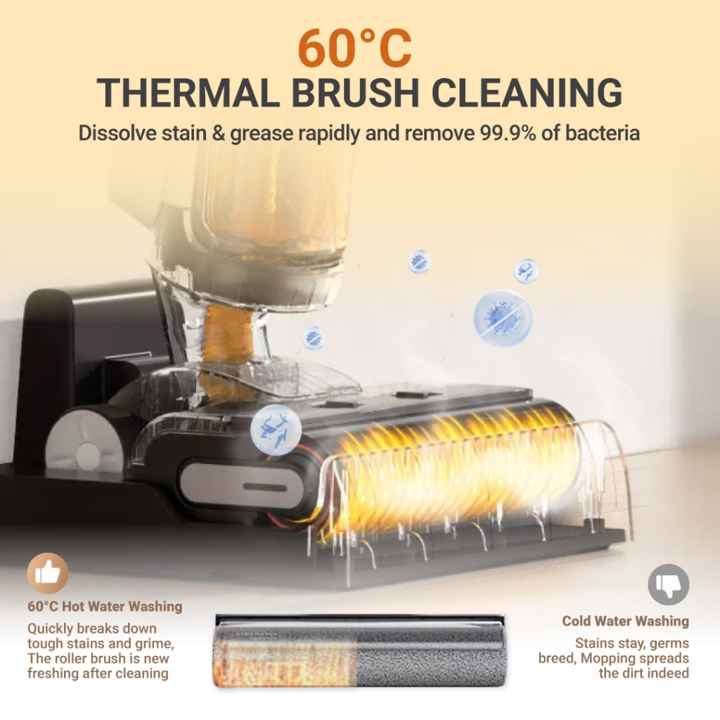 Wet and dry vacuum cleaner with heated brush and spinning roller cleaning head.