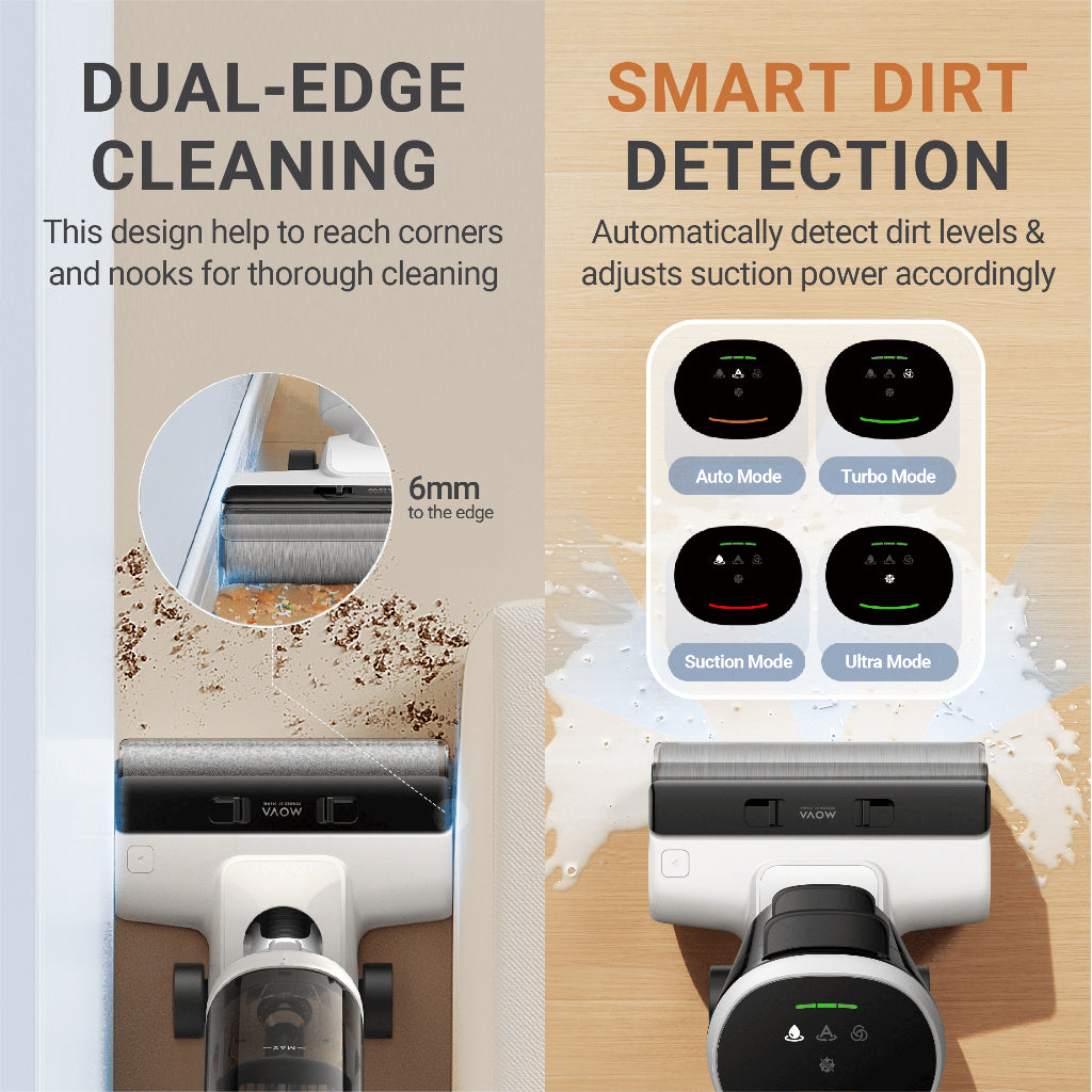 Wet and dry vacuum cleaner showing dual-edge cleaning design and control panel.