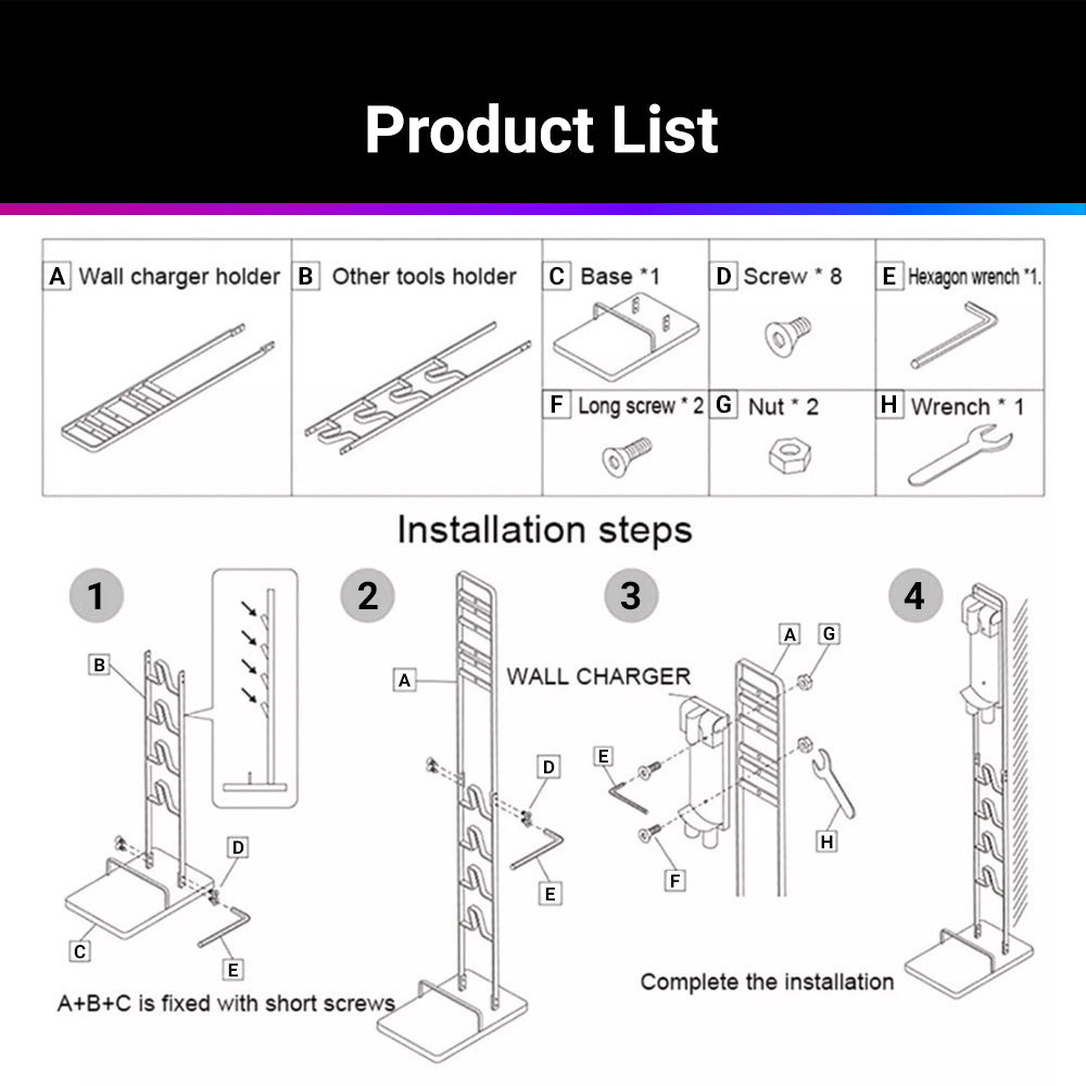 Vacuum cleaner stand parts and installation steps diagram with base, screws, and tools