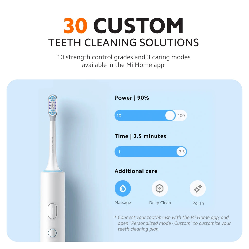 White smart electric toothbrush with app-style settings graphic for cleaning time