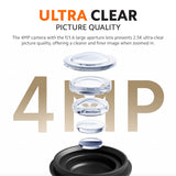 Outdoor security camera lens detail with 4MP ultra-clear picture quality graphic