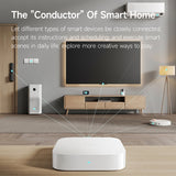 White smart home hub on floor with blue status light