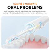 White electric toothbrush brush head near teeth with blue pulsing water jet