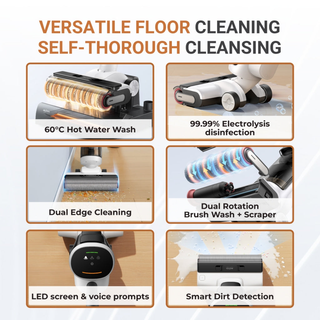 Wet and dry vacuum cleaner with dual-edge floor brush and rotating brush head.